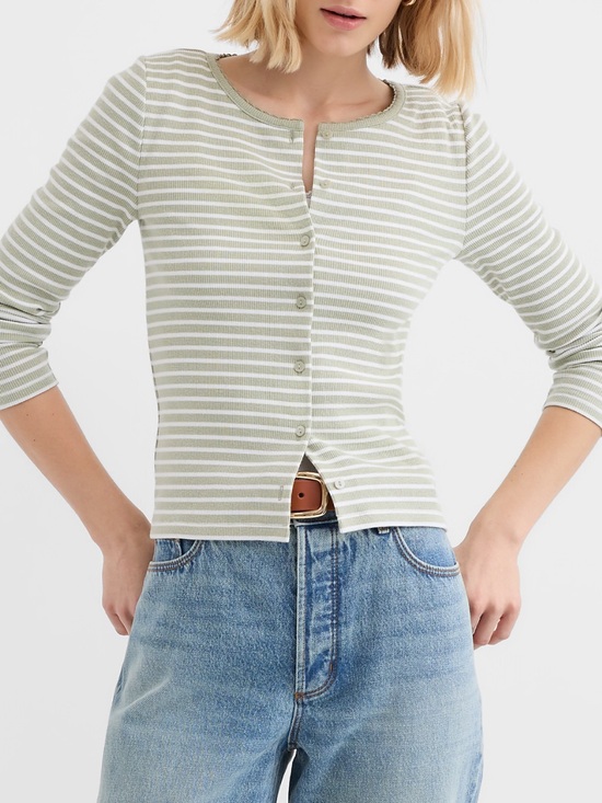 LOFT Tops - LOFT Striped Scalloped Ribbed Cardigan Brushed Sage Size XL NWT MSRP $60